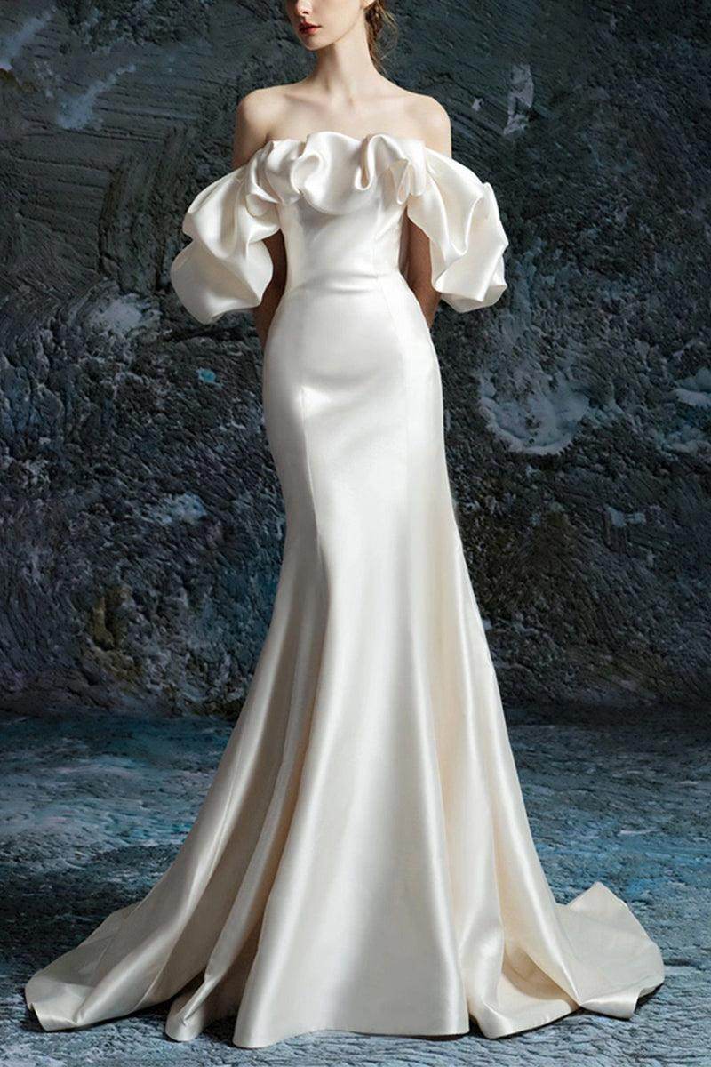 Trumpet-Mermaid Sweep-Brush Train Satin Wedding Dress 738277008321 - COCOMELODY